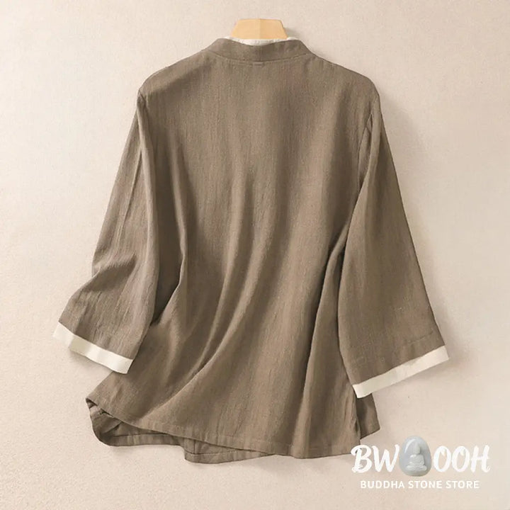 Buddha Stones Retro Lace-up Frog-Button Design Women’s Three Quarter Sleeve Cotton Linen Shirt - Women’s Shirts