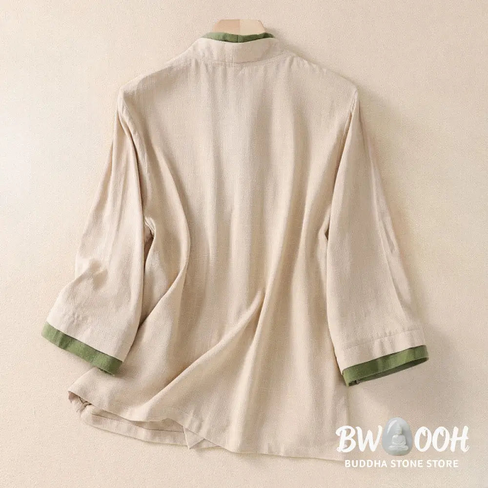 Buddha Stones Retro Lace-up Frog-Button Design Women’s Three Quarter Sleeve Cotton Linen Shirt - Women’s Shirts