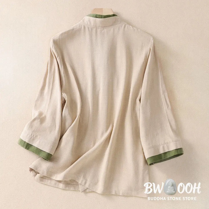 Buddha Stones Retro Lace-up Frog-Button Design Women’s Three Quarter Sleeve Cotton Linen Shirt - Women’s Shirts