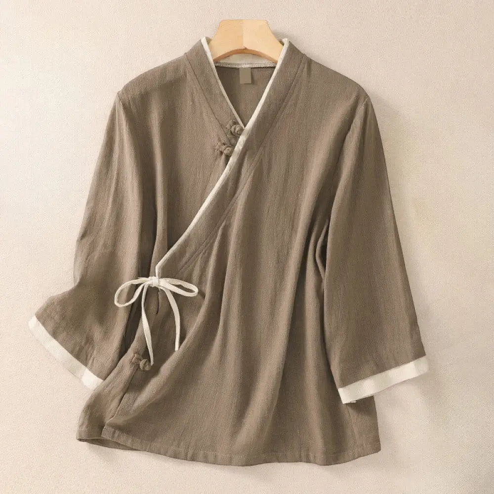Buddha Stones Retro Lace-up Frog-Button Design Women’s Three Quarter Sleeve Cotton Linen Shirt - Tan / US4，UK/AU8，EU36