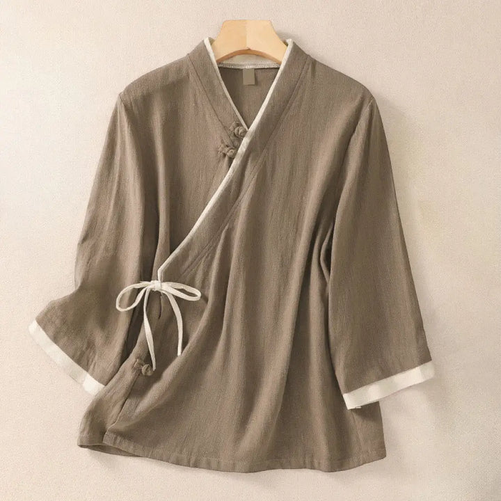 Buddha Stones Retro Lace-up Frog-Button Design Women’s Three Quarter Sleeve Cotton Linen Shirt - Tan / US4，UK/AU8，EU36