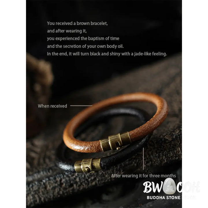 BWOOOH Retro Leather Luck Healing Copper Magnetic Buckle Bracelet - Brown / 13-14cm - Bracelet Bangle
