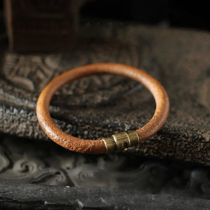BWOOOH Retro Leather Luck Healing Copper Magnetic Buckle Bracelet - Brown / 13-14cm - Bracelet Bangle