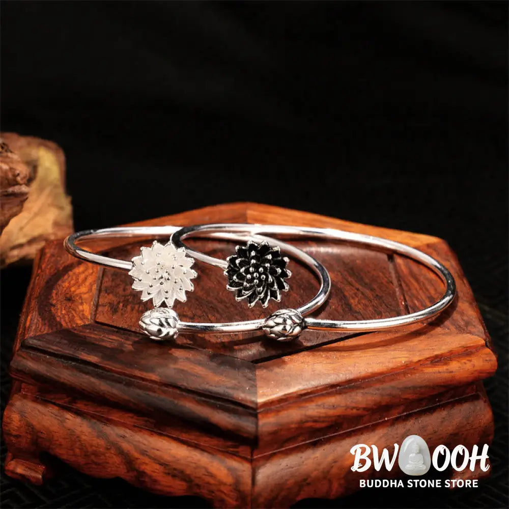 Buddha Stones Retro Lotus White Copper Enlightenment Bracelet Bangle - BWOOOH - Bracelet Bangle
