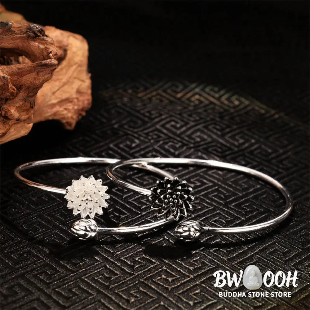 Buddha Stones Retro Lotus White Copper Enlightenment Bracelet Bangle - BWOOOH - Bracelet Bangle