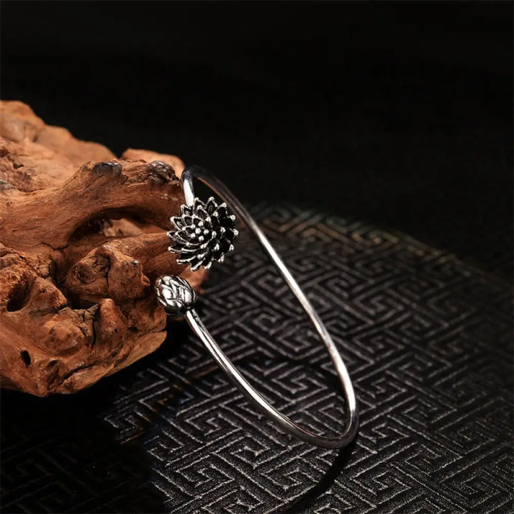 BWOOOH Retro Lotus White Copper Enlightenment Bracelet Bangle - BWOOOH - Gray Lotus - Bracelet Bangle