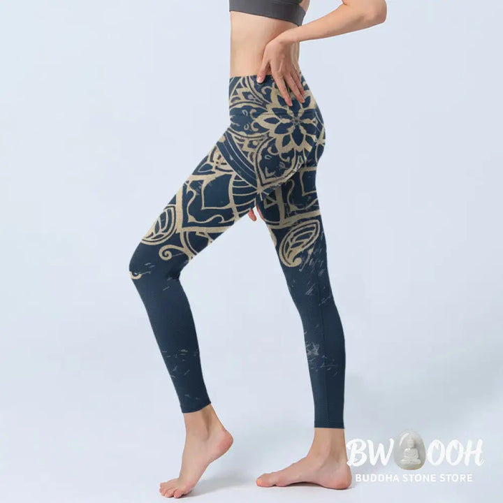 Buddha Stones Retro Mandala Pattern Print Gym Leggings Women&