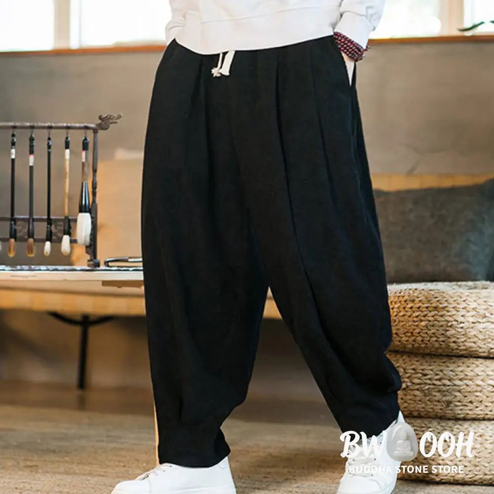 Buddha Stones Retro Men’s Plain Fleece-Lined Corduroy Simple Design Harem Pants With Pockets - Men’s Harem Pants