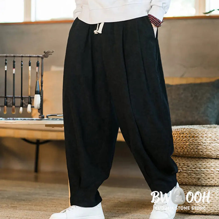 Buddha Stones Retro Men’s Plain Fleece-Lined Corduroy Simple Design Harem Pants With Pockets - Men’s Harem Pants