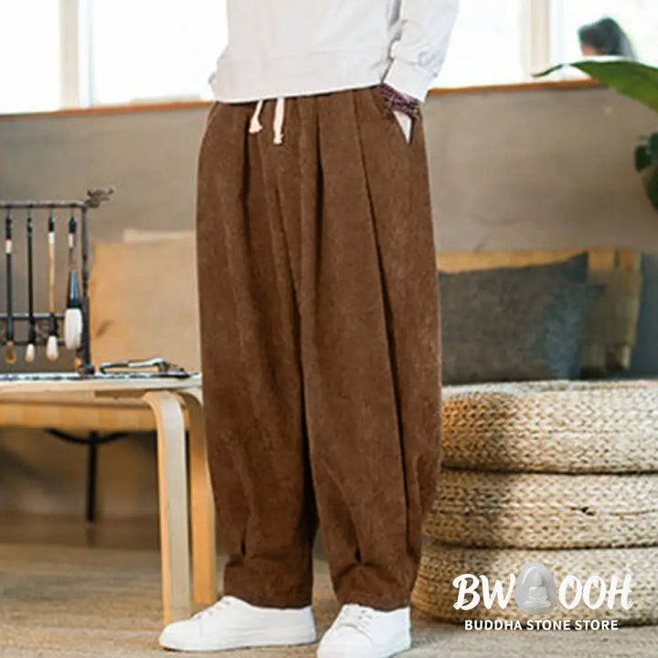 Buddha Stones Retro Men’s Plain Fleece-Lined Corduroy Simple Design Harem Pants With Pockets - Men’s Harem Pants