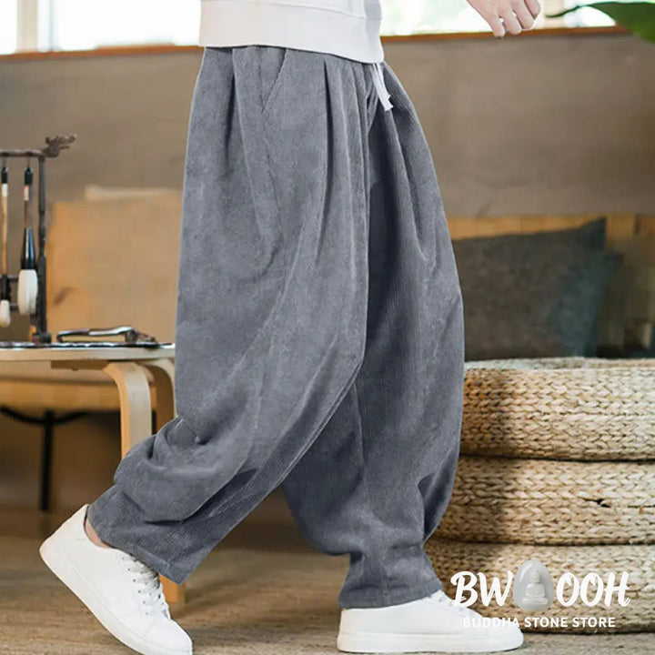 Buddha Stones Retro Men’s Plain Fleece-Lined Corduroy Simple Design Harem Pants With Pockets - Men’s Harem Pants