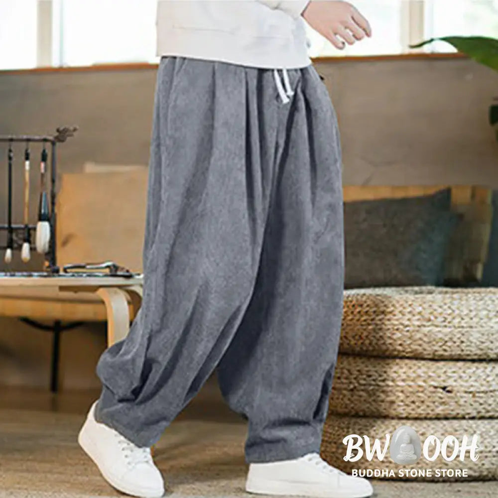 Buddha Stones Retro Men’s Plain Fleece-Lined Corduroy Simple Design Harem Pants With Pockets - Men’s Harem Pants