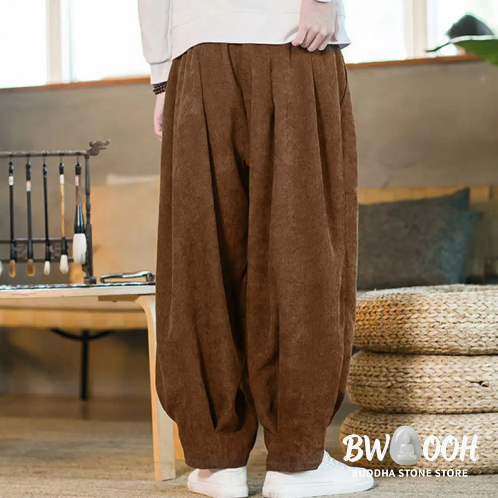 Buddha Stones Retro Men’s Plain Fleece-Lined Corduroy Simple Design Harem Pants With Pockets - Men’s Harem Pants