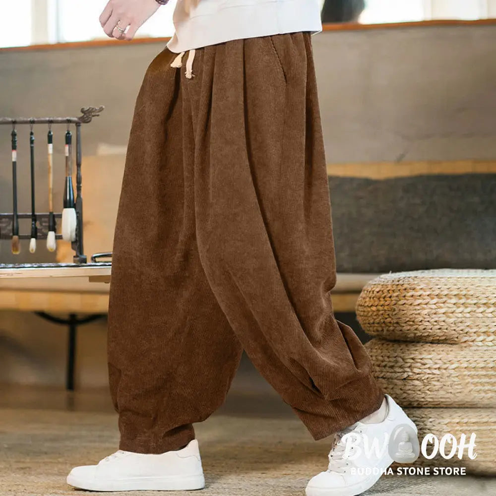 Buddha Stones Retro Men’s Plain Fleece-Lined Corduroy Simple Design Harem Pants With Pockets - Men’s Harem Pants