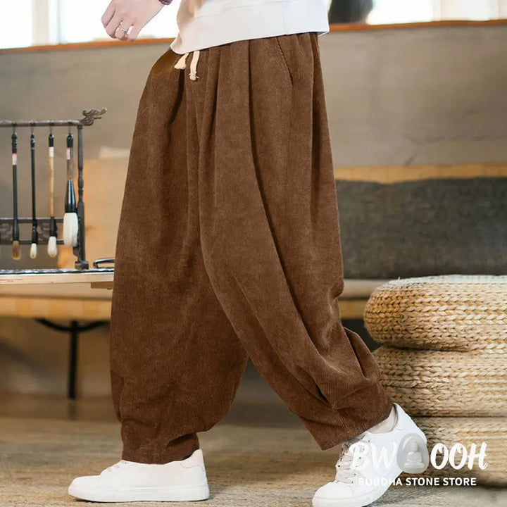Buddha Stones Retro Men’s Plain Fleece-Lined Corduroy Simple Design Harem Pants With Pockets - Men’s Harem Pants