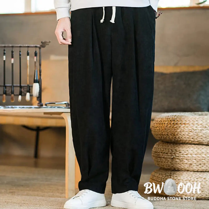 Buddha Stones Retro Men’s Plain Fleece-Lined Corduroy Simple Design Harem Pants With Pockets - Men’s Harem Pants