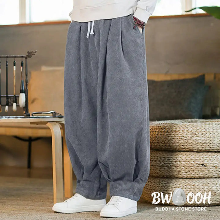 Buddha Stones Retro Men’s Plain Fleece-Lined Corduroy Simple Design Harem Pants With Pockets - Men’s Harem Pants