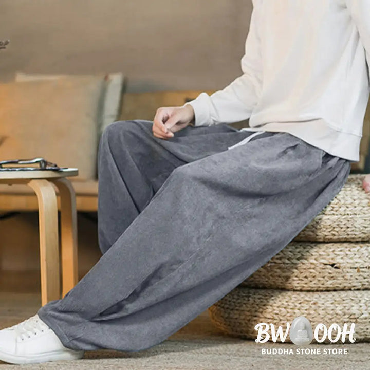 Buddha Stones Retro Men’s Plain Fleece-Lined Corduroy Simple Design Harem Pants With Pockets - Men’s Harem Pants