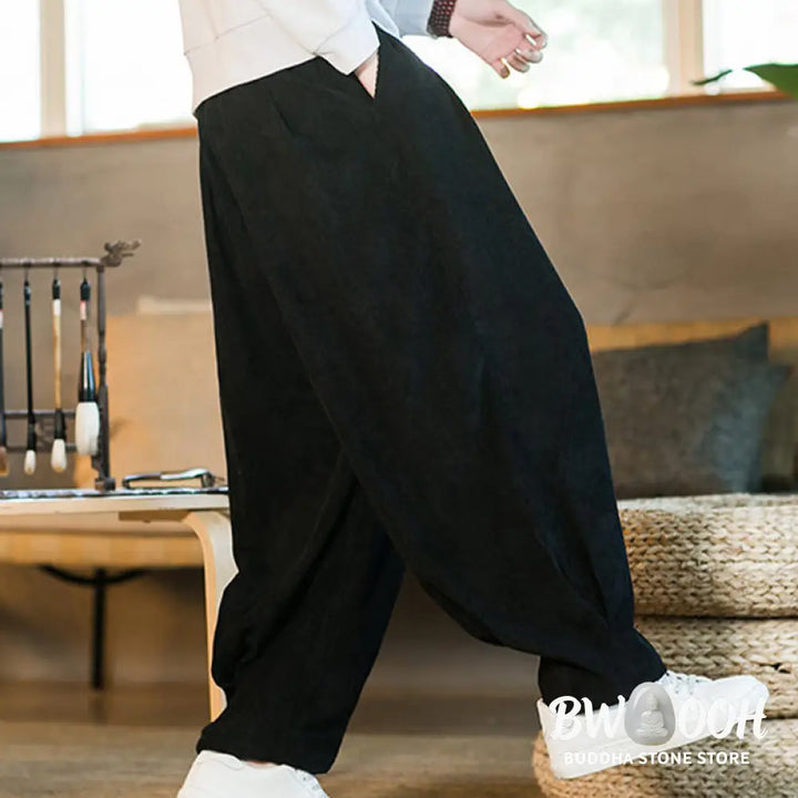Buddha Stones Retro Men’s Plain Fleece-Lined Corduroy Simple Design Harem Pants With Pockets - Men’s Harem Pants