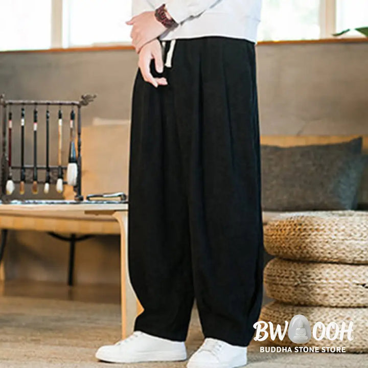 Buddha Stones Retro Men’s Plain Fleece-Lined Corduroy Simple Design Harem Pants With Pockets - Men’s Harem Pants