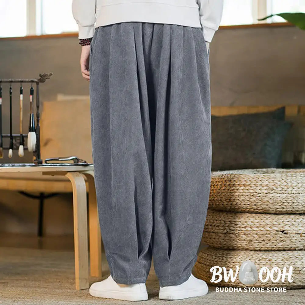 Buddha Stones Retro Men’s Plain Fleece-Lined Corduroy Simple Design Harem Pants With Pockets - Men’s Harem Pants