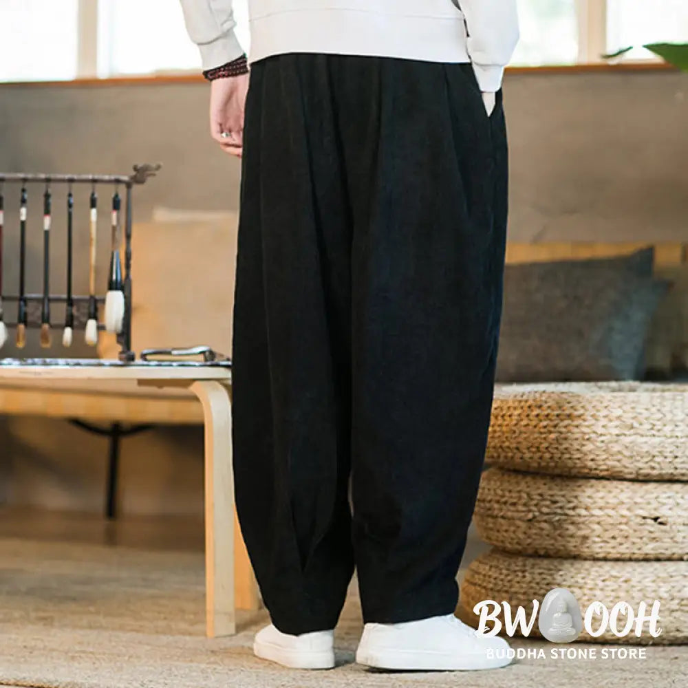 Buddha Stones Retro Men’s Plain Fleece-Lined Corduroy Simple Design Harem Pants With Pockets - Men’s Harem Pants