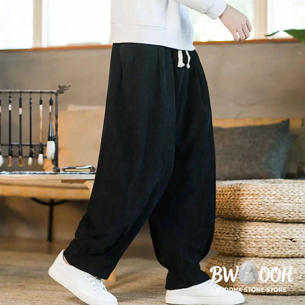 Buddha Stones Retro Men’s Plain Fleece-Lined Corduroy Simple Design Harem Pants With Pockets - Men’s Harem Pants