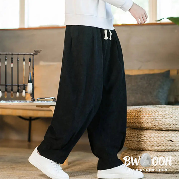 Buddha Stones Retro Men’s Plain Fleece-Lined Corduroy Simple Design Harem Pants With Pockets - Men’s Harem Pants