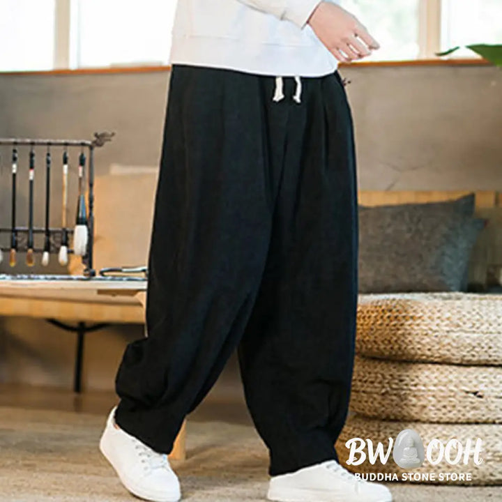 Buddha Stones Retro Men’s Plain Fleece-Lined Corduroy Simple Design Harem Pants With Pockets - Men’s Harem Pants