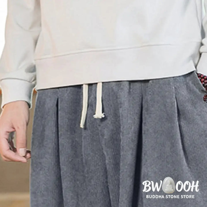 Buddha Stones Retro Men’s Plain Fleece-Lined Corduroy Simple Design Harem Pants With Pockets - Men’s Harem Pants