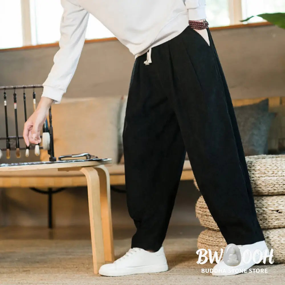 Buddha Stones Retro Men’s Plain Fleece-Lined Corduroy Simple Design Harem Pants With Pockets - Men’s Harem Pants