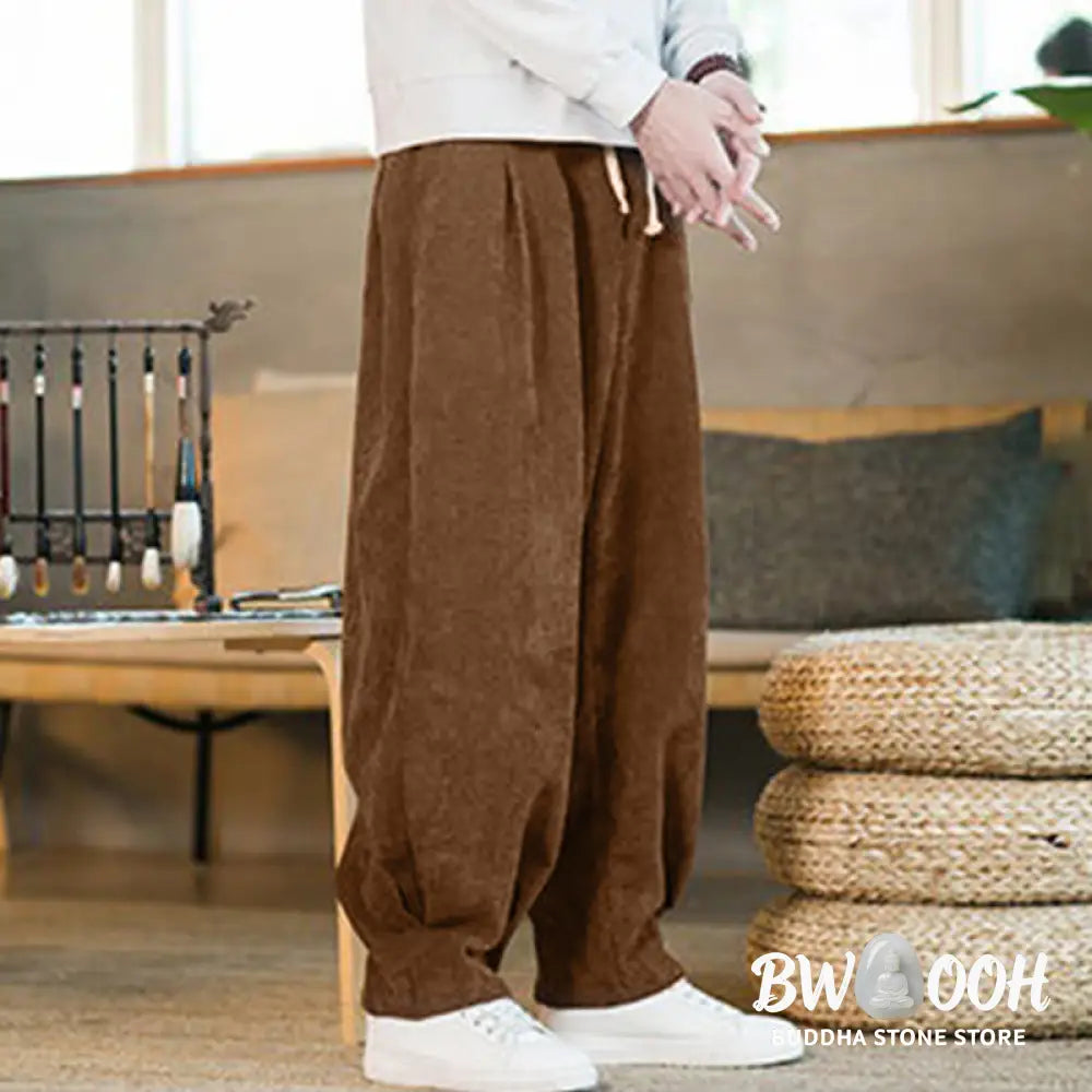 Buddha Stones Retro Men’s Plain Fleece-Lined Corduroy Simple Design Harem Pants With Pockets - Men’s Harem Pants