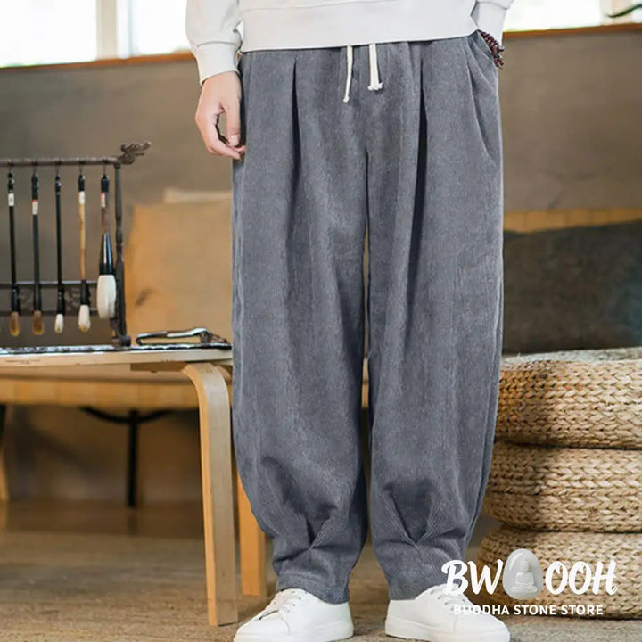 Buddha Stones Retro Men’s Plain Fleece-Lined Corduroy Simple Design Harem Pants With Pockets - Men’s Harem Pants