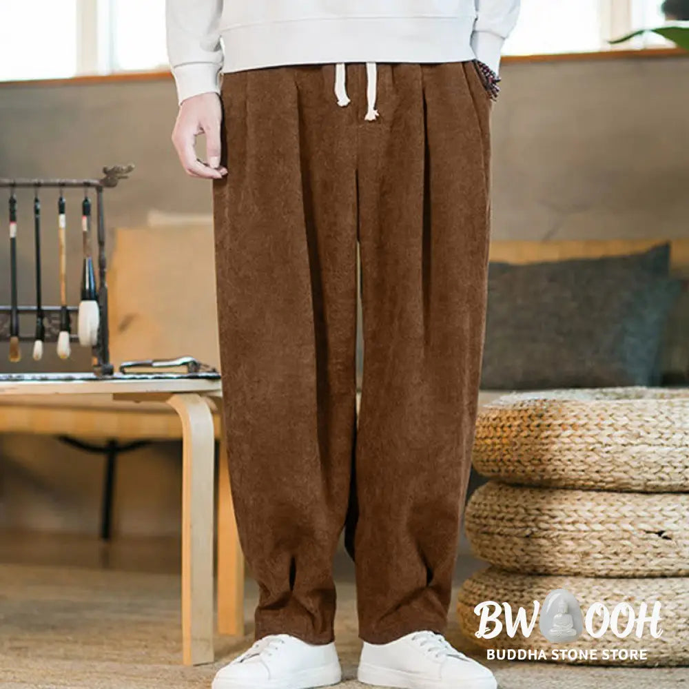 Buddha Stones Retro Men’s Plain Fleece-Lined Corduroy Simple Design Harem Pants With Pockets - Men’s Harem Pants