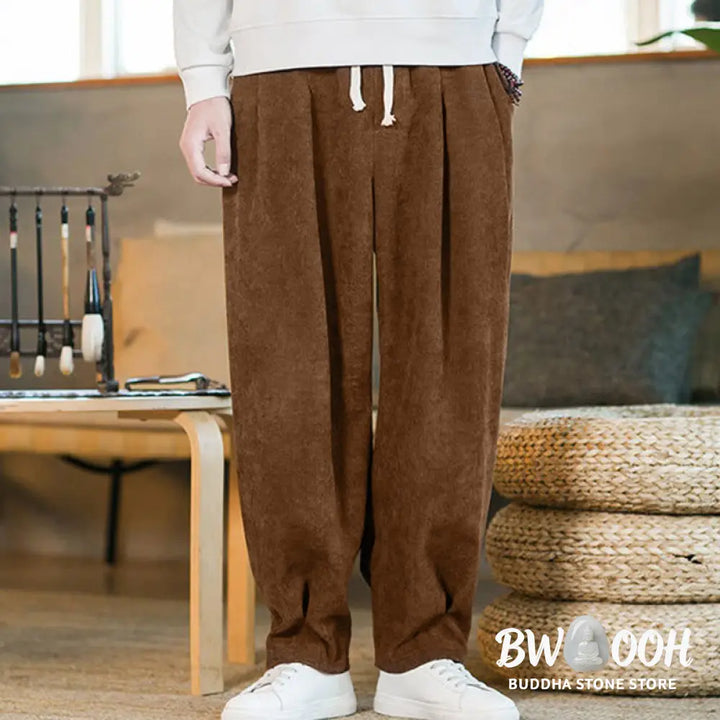 Buddha Stones Retro Men’s Plain Fleece-Lined Corduroy Simple Design Harem Pants With Pockets - Men’s Harem Pants