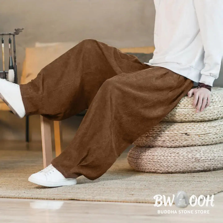 Buddha Stones Retro Men’s Plain Fleece-Lined Corduroy Simple Design Harem Pants With Pockets - Men’s Harem Pants