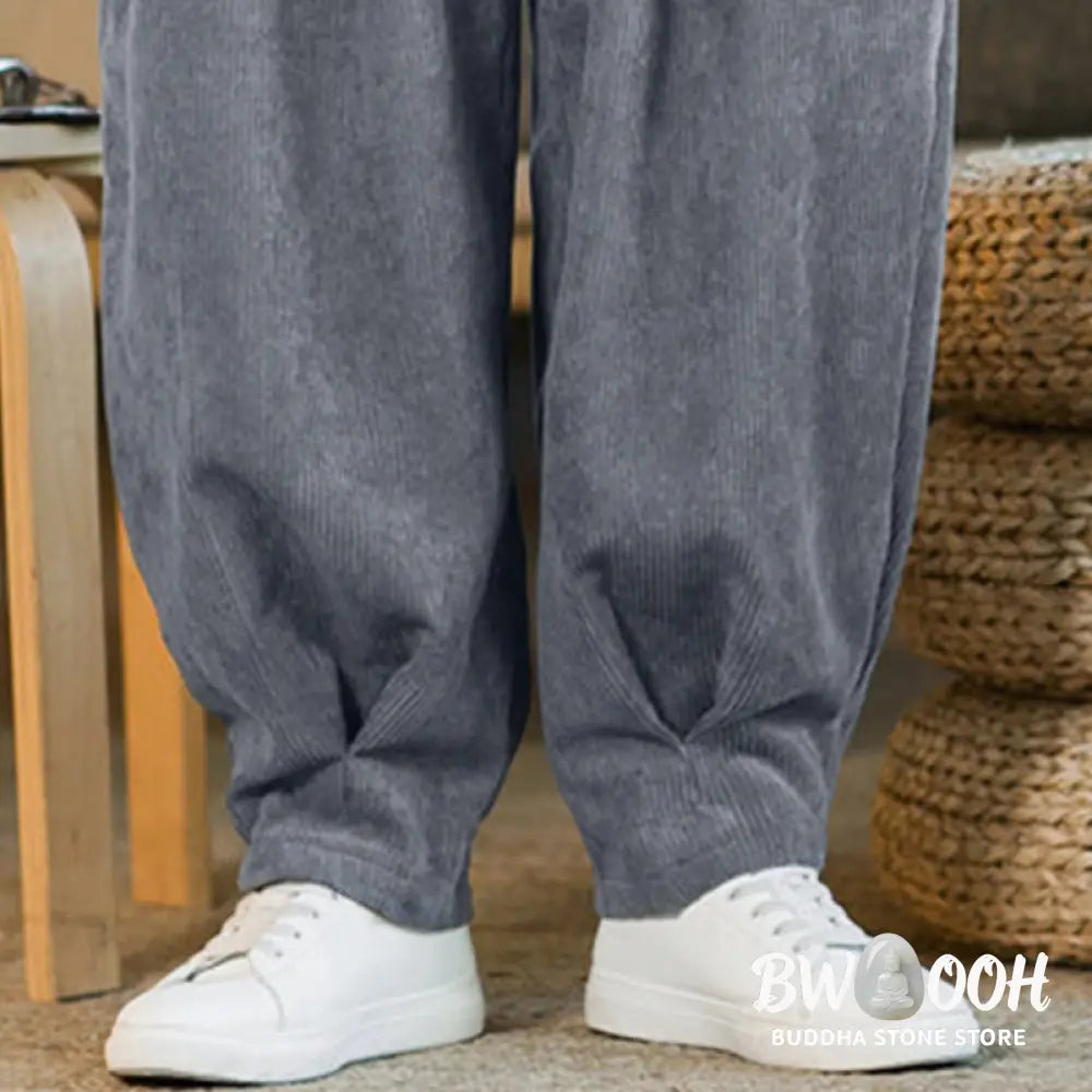 Buddha Stones Retro Men’s Plain Fleece-Lined Corduroy Simple Design Harem Pants With Pockets - Men’s Harem Pants