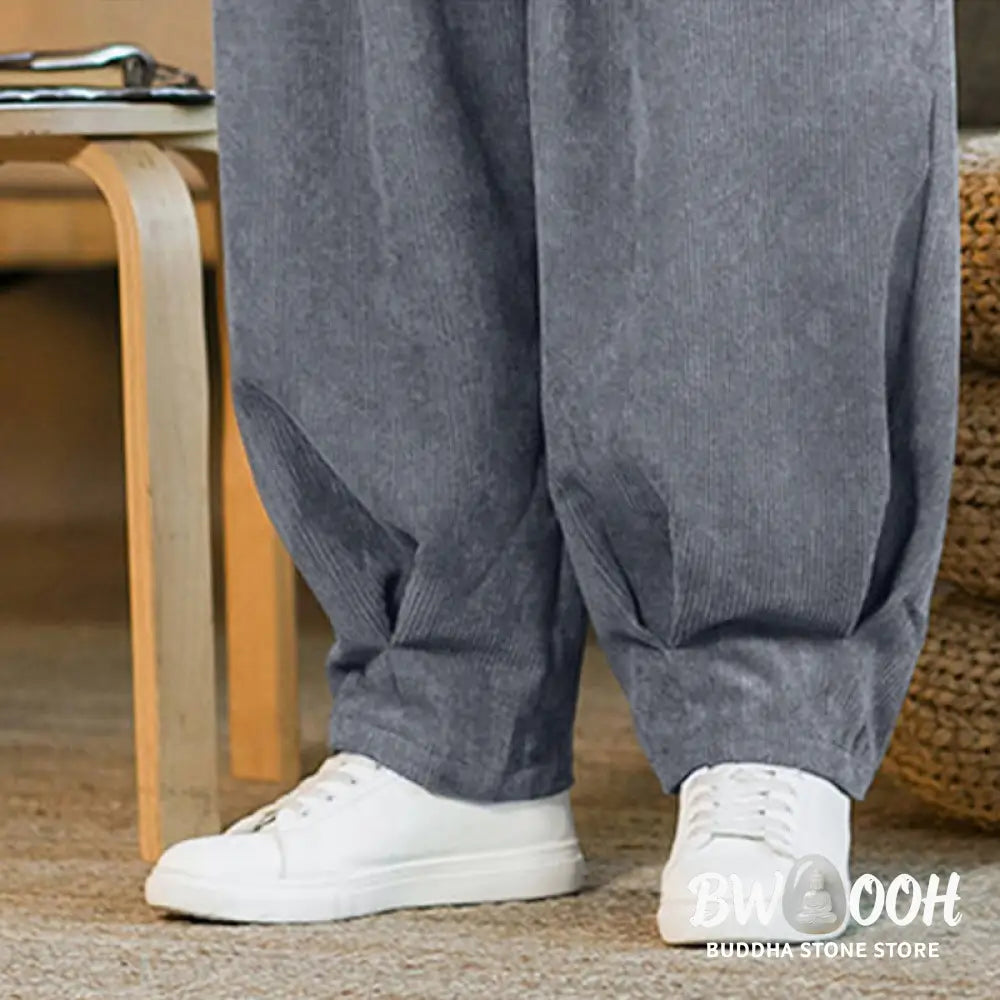 Buddha Stones Retro Men’s Plain Fleece-Lined Corduroy Simple Design Harem Pants With Pockets - Men’s Harem Pants