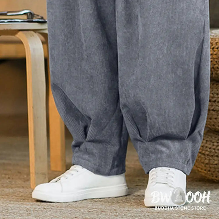 Buddha Stones Retro Men’s Plain Fleece-Lined Corduroy Simple Design Harem Pants With Pockets - Men’s Harem Pants