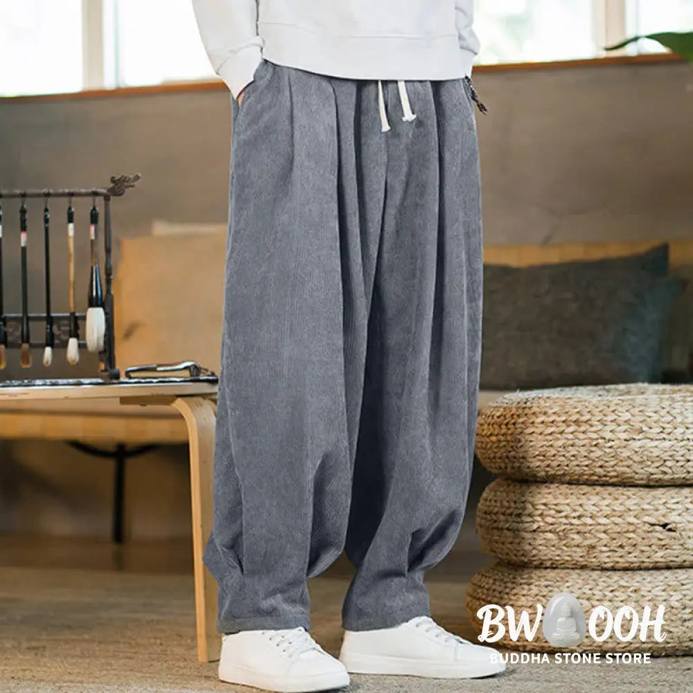 Buddha Stones Retro Men’s Plain Fleece-Lined Corduroy Simple Design Harem Pants With Pockets - Men’s Harem Pants
