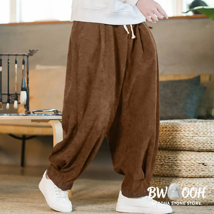 Buddha Stones Retro Men’s Plain Fleece-Lined Corduroy Simple Design Harem Pants With Pockets - Men’s Harem Pants
