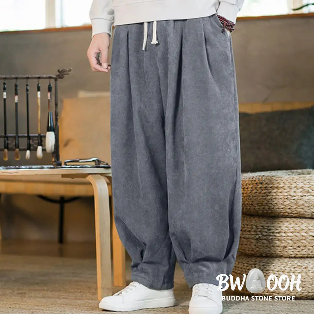 Buddha Stones Retro Men’s Plain Fleece-Lined Corduroy Simple Design Harem Pants With Pockets - Men’s Harem Pants