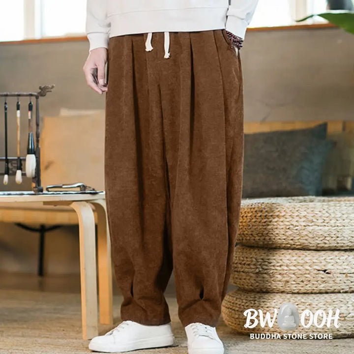 Buddha Stones Retro Men’s Plain Fleece-Lined Corduroy Simple Design Harem Pants With Pockets - Men’s Harem Pants