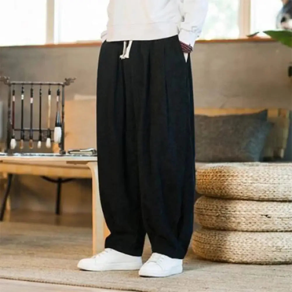 Buddha Stones Retro Men’s Plain Fleece-Lined Corduroy Simple Design Harem Pants With Pockets - Black / US/UK/AU36，EU46