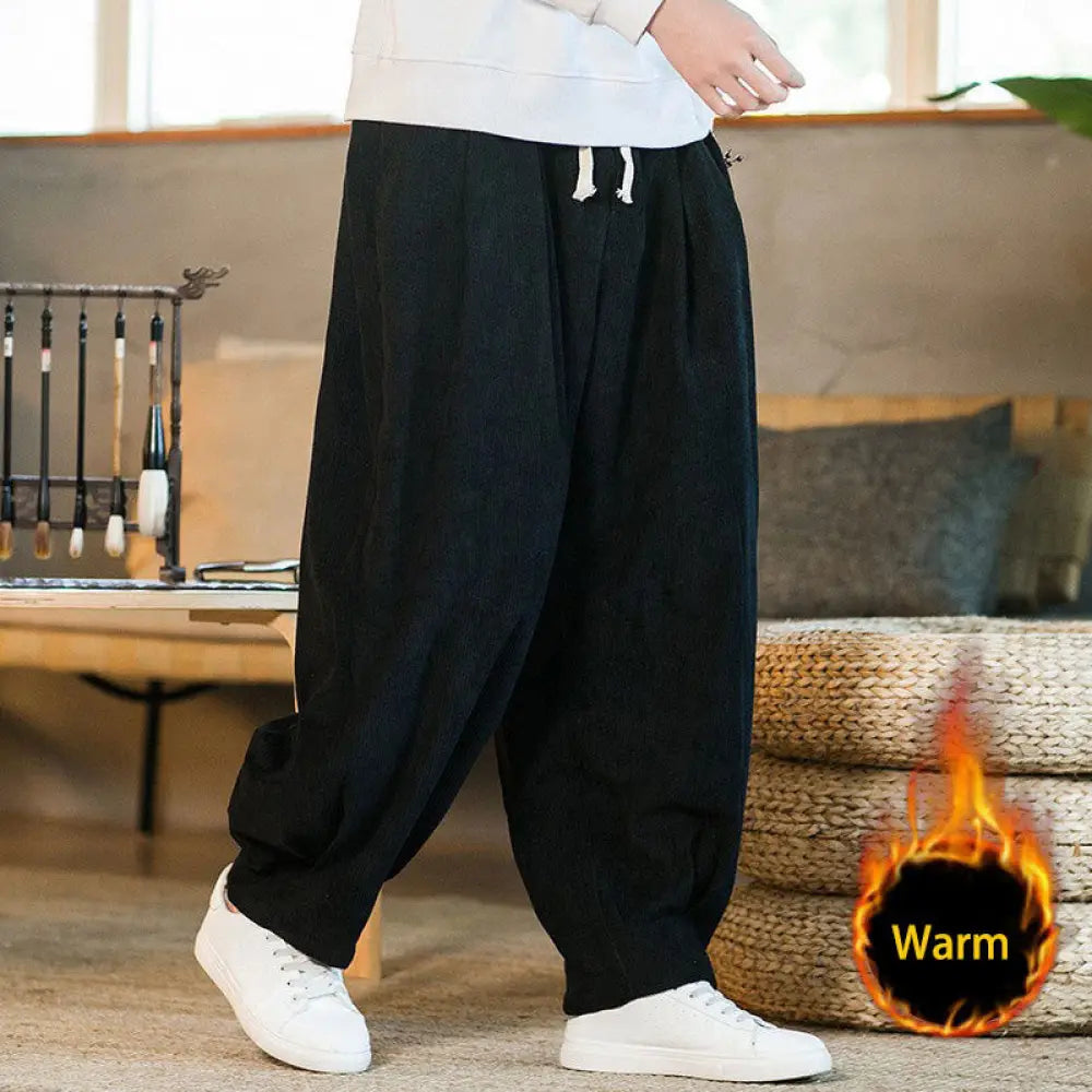 Buddha Stones Retro Men’s Plain Fleece-Lined Corduroy Simple Design Harem Pants With Pockets - Black(Fleece-Lined)