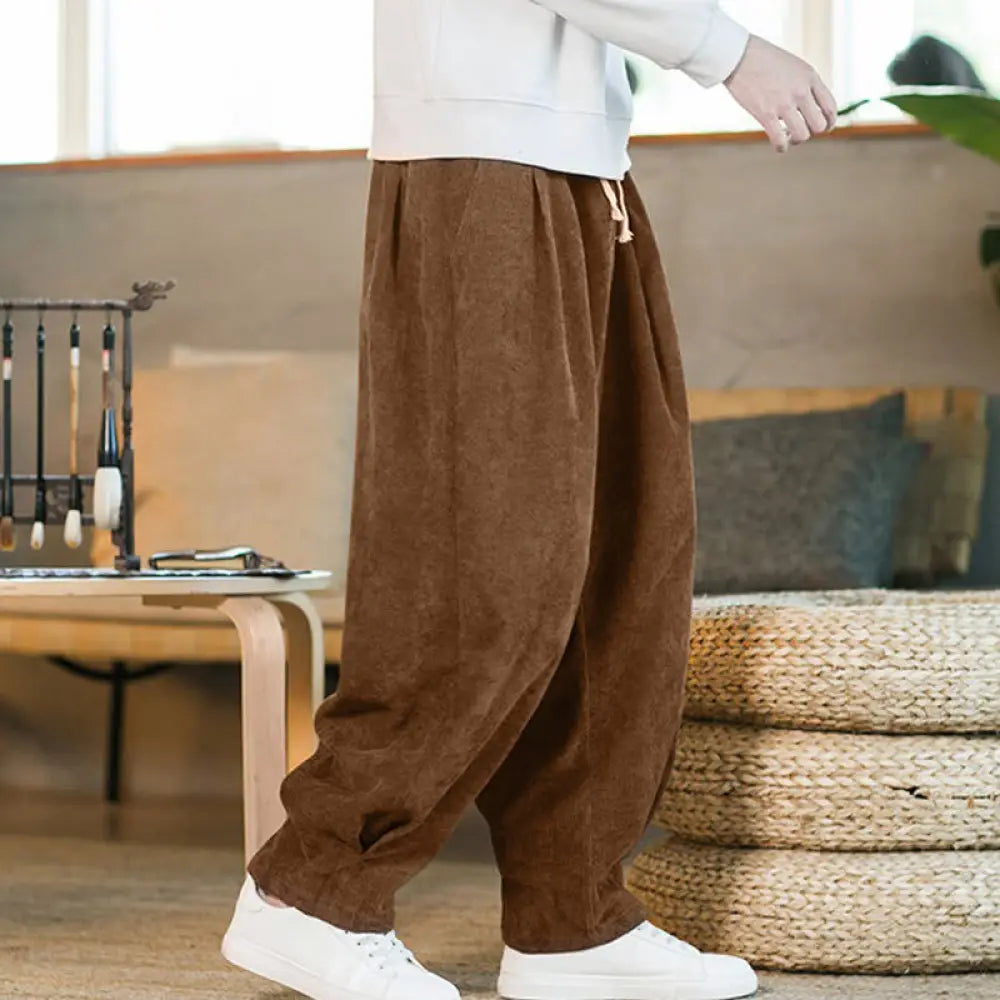 Buddha Stones Retro Men’s Plain Fleece-Lined Corduroy Simple Design Harem Pants With Pockets - DarkGoldenrod