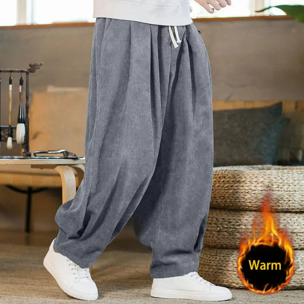 Buddha Stones Retro Men’s Plain Fleece-Lined Corduroy Simple Design Harem Pants With Pockets