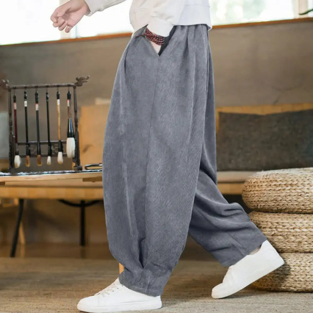 Buddha Stones Retro Men’s Plain Fleece-Lined Corduroy Simple Design Harem Pants With Pockets - LightSlateGray