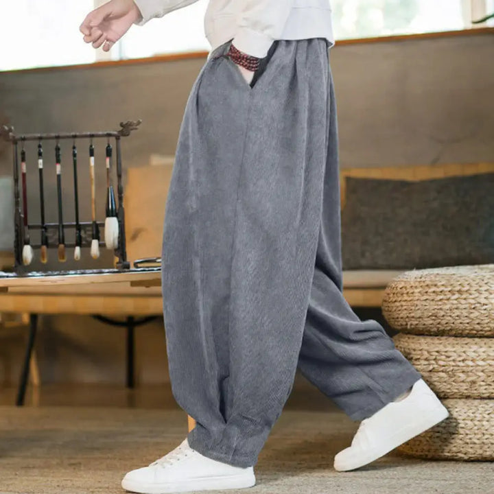 Buddha Stones Retro Men’s Plain Fleece-Lined Corduroy Simple Design Harem Pants With Pockets - LightSlateGray