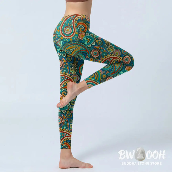 Buddha Stones Retro Paisley Pattern Print Gym Leggings Women&